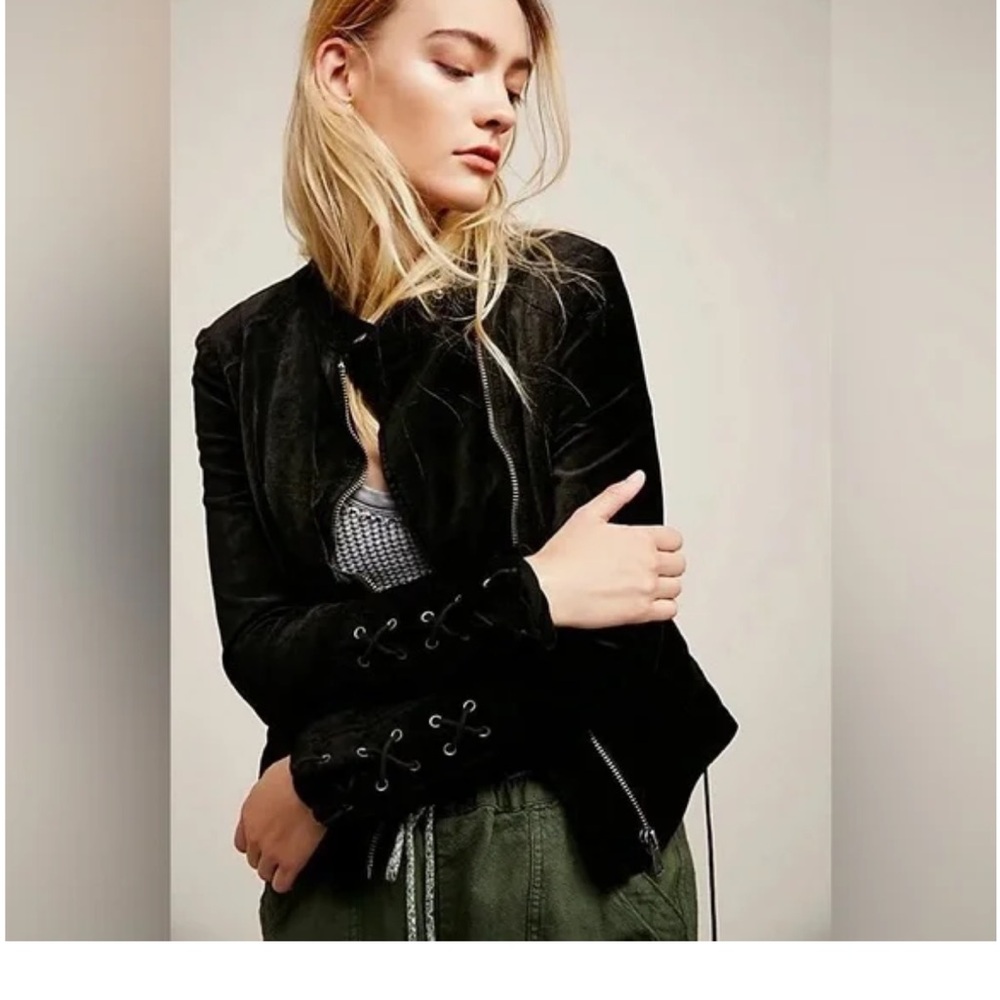 Free People Black Suede Bomber Jacket with Laces Detail